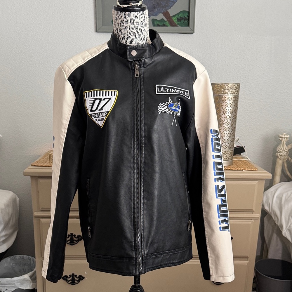 Refinery republic men’s Ultimate Black and White Motorsport racing Jacket Sz M